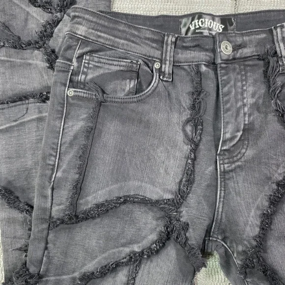 Vicious Men's Black Distressed Web Detail Cotton Jeans Size 34 - Picture 5 of 13